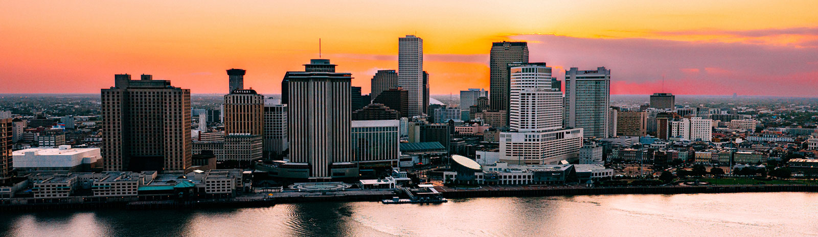Downtown New Orleans at sunset.